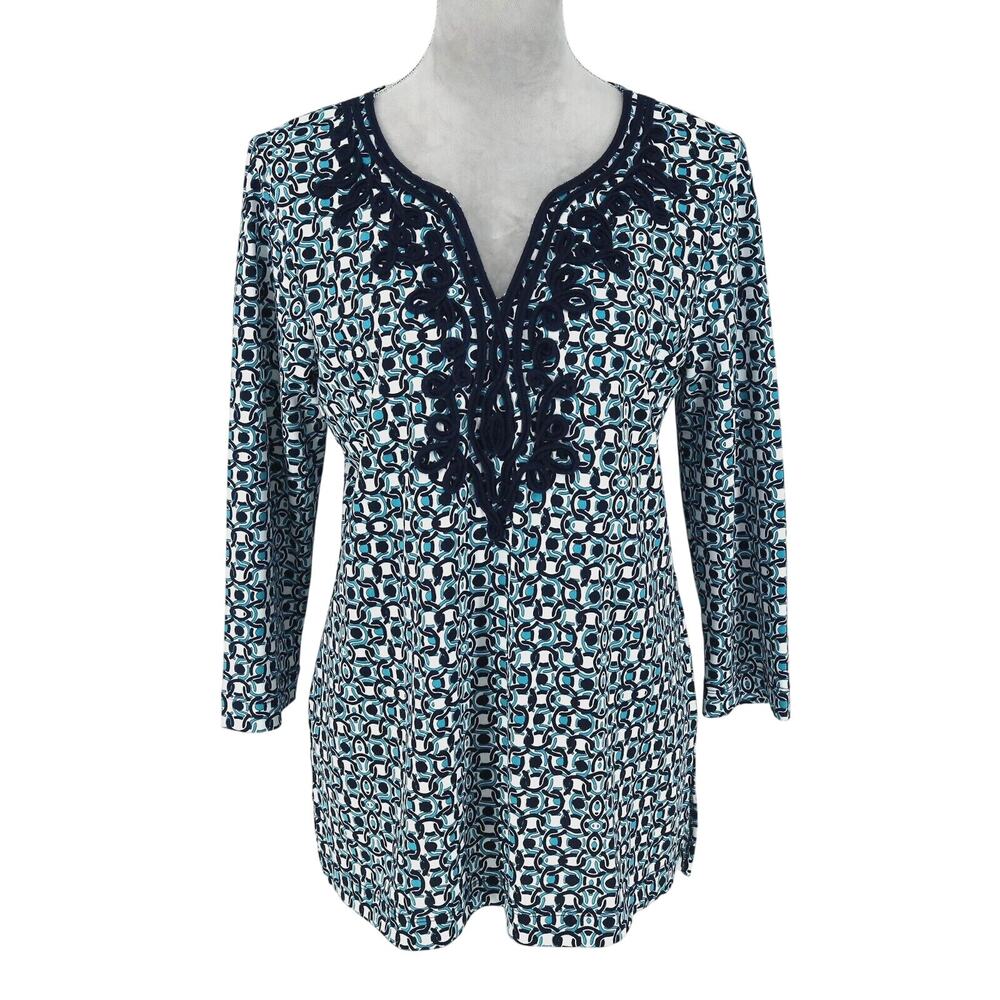 Pappagallo Top Womens Small Blue White Trimmed Neck Tunic Blouse Stretch Knit